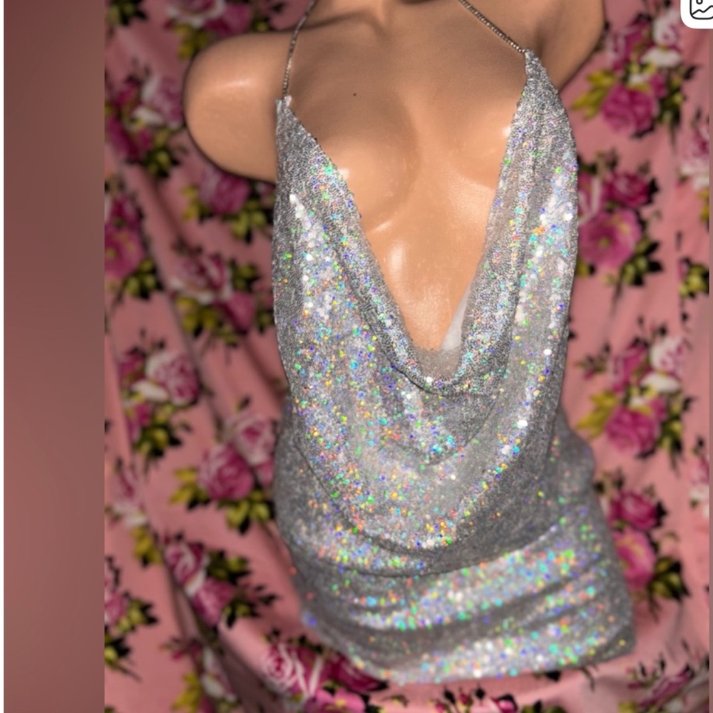 Silver hologram iridescent sequin glam dress plunge holiday party new years club - Picture 4 of 6